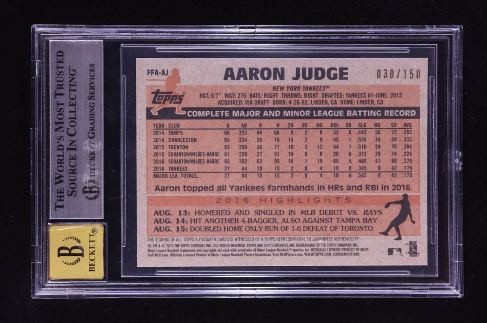 Aaron Judge 2017 Topps Archives Fan Favorites Autographs Peach #FFAAJ RC #30/150 (BGS 9 | Auto 10) at PristineAuction.com Aaron Judge 2017 Topps Archives Fan Favorites Autographs Peach #FFAAJ RC #30/150 (BGS 9 | Auto 10) at PristineAuction.com