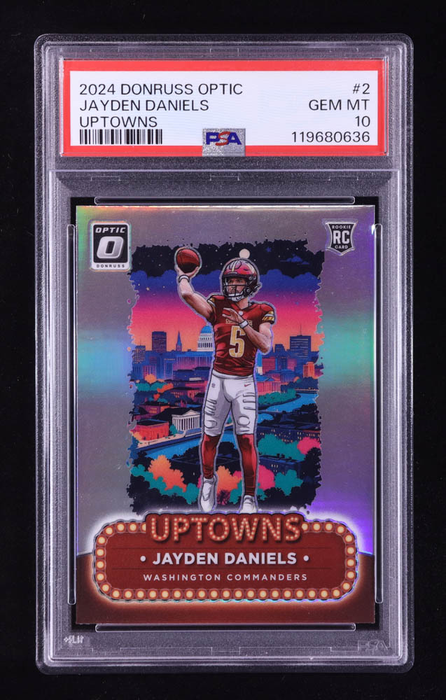 Jayden Daniels 2024 Donruss Optic Uptowns #2 RC (PSA 10) at PristineAuction.com Jayden Daniels 2024 Donruss Optic Uptowns #2 RC (PSA 10) at PristineAuction.com