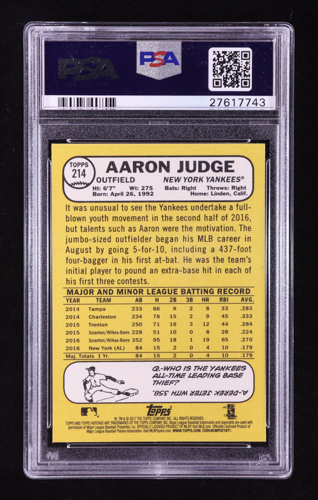 Aaron Judge 2017 Topps Heritage #214 RC (PSA 10) at PristineAuction.com Aaron Judge 2017 Topps Heritage #214 RC (PSA 10) at PristineAuction.com
