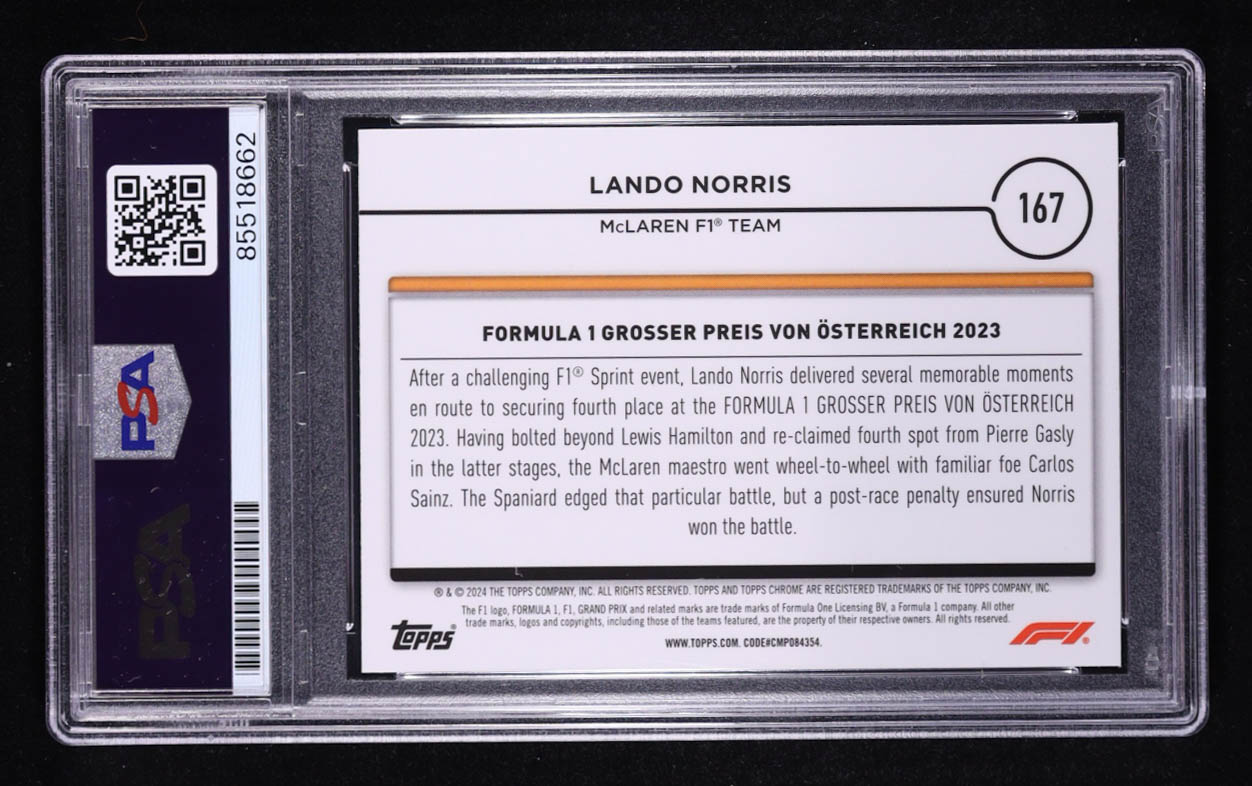 Lando Norris Signed 2024 Topps Bowman Chrome Trading Card Auto #167 (PSA | Autograph Grade PSA Authentic) at PristineAuction.com Lando Norris Signed 2024 Topps Bowman Chrome Trading Card Auto #167 (PSA | Autograph Grade PSA Authentic) at PristineAuction.com