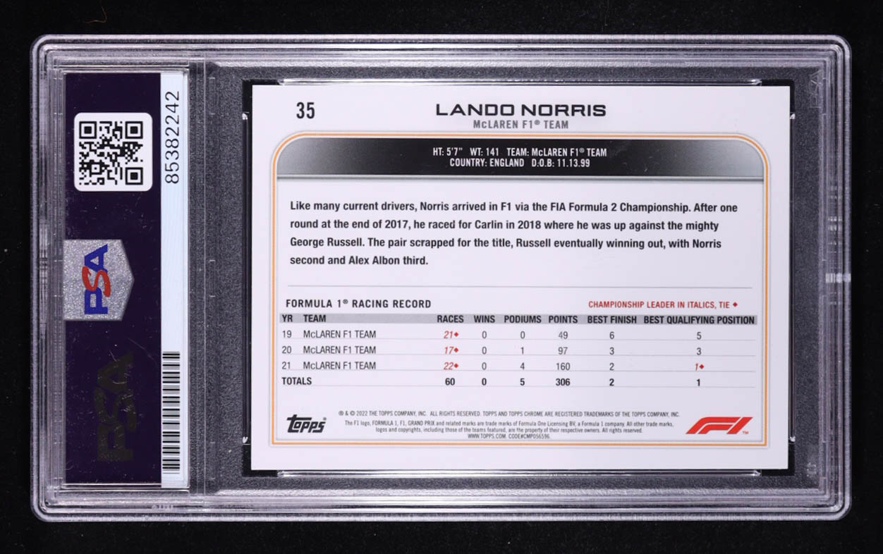 Lando Norris Signed 2022 Topps Bowman Chrome Trading Card Auto #35 (PSA | Autograph Grade PSA Authentic) at PristineAuction.com Lando Norris Signed 2022 Topps Bowman Chrome Trading Card Auto #35 (PSA | Autograph Grade PSA Authentic) at PristineAuction.com