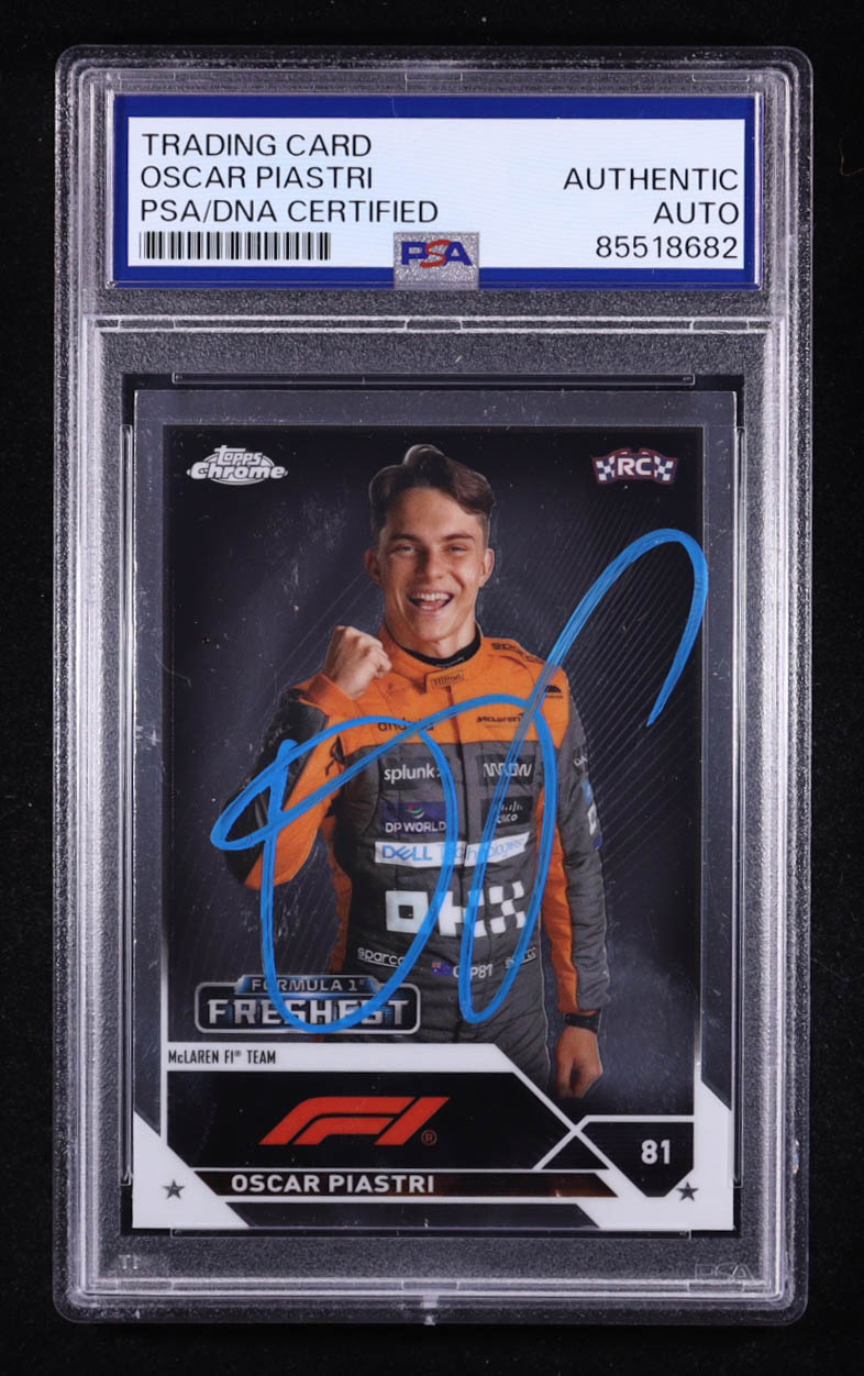 Oscar Piastri Signed 2023 Topps Bowman Chrome Trading Card Auto #195 RC (PSA | Autograph Grade PSA Authentic) at PristineAuction.com Oscar Piastri Signed 2023 Topps Bowman Chrome Trading Card Auto #195 RC (PSA | Autograph Grade PSA Authentic) at PristineAuction.com