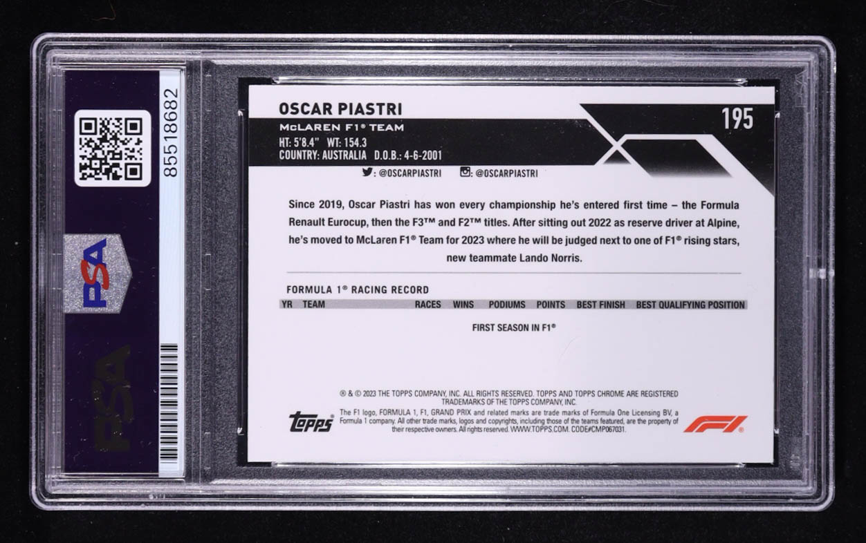 Oscar Piastri Signed 2023 Topps Bowman Chrome Trading Card Auto #195 RC (PSA | Autograph Grade PSA Authentic) at PristineAuction.com Oscar Piastri Signed 2023 Topps Bowman Chrome Trading Card Auto #195 RC (PSA | Autograph Grade PSA Authentic) at PristineAuction.com