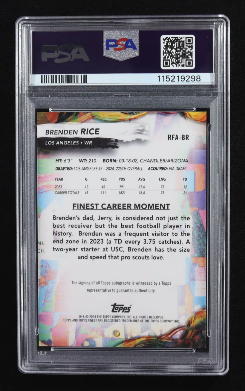 Brenden Rice 2024 Finest Rookie Autographs #RFABR RC (PSA 9 | Auto 10) at PristineAuction.com Brenden Rice 2024 Finest Rookie Autographs #RFABR RC (PSA 9 | Auto 10) at PristineAuction.com