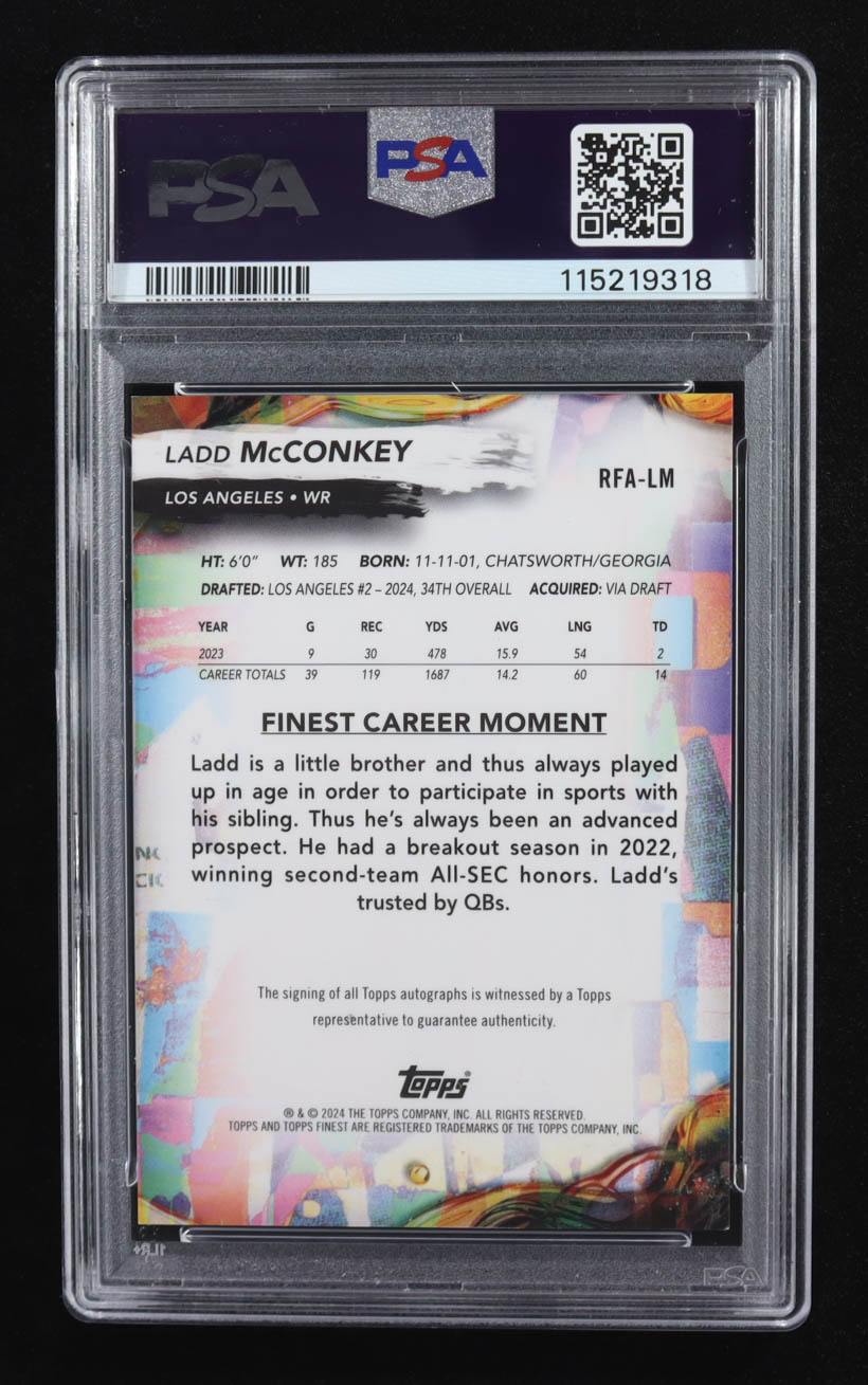 Ladd McConkey 2024 Finest Rookie Autographs Blue Geometric Refractors #RFALM #63/99 RC (PSA 9 | Auto 10) at PristineAuction.com Ladd McConkey 2024 Finest Rookie Autographs Blue Geometric Refractors #RFALM #63/99 RC (PSA 9 | Auto 10) at PristineAuction.com