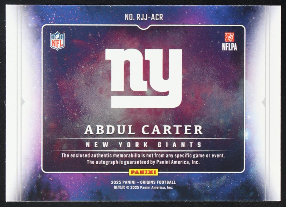 Abdul Carter 2025 Panini Origins Rookie Jumbo Patch Autographs Orange #2 RC #18/75 at PristineAuction.com Abdul Carter 2025 Panini Origins Rookie Jumbo Patch Autographs Orange #2 RC #18/75 at PristineAuction.com