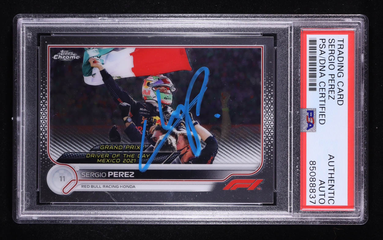 Sergio Perez Signed 2023 Topps Chrome Trading Card Auto Refractor #11 (PSA | Autograph Grade PSA Authentic) at PristineAuction.com Sergio Perez Signed 2023 Topps Chrome Trading Card Auto Refractor #11 (PSA | Autograph Grade PSA Authentic) at PristineAuction.com