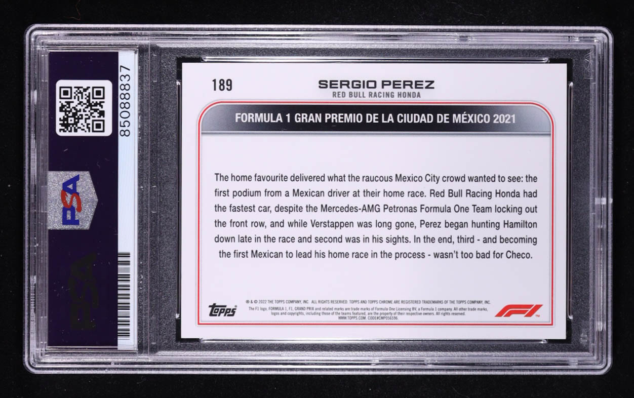 Sergio Perez Signed 2023 Topps Chrome Trading Card Auto Refractor #11 (PSA | Autograph Grade PSA Authentic) at PristineAuction.com Sergio Perez Signed 2023 Topps Chrome Trading Card Auto Refractor #11 (PSA | Autograph Grade PSA Authentic) at PristineAuction.com