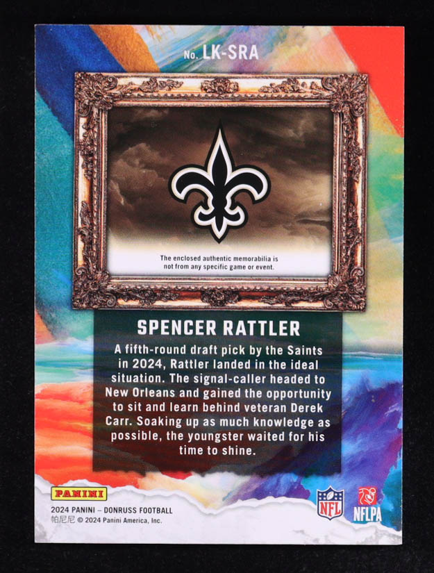 Spencer Rattler 2024 Donruss Leather Kings Patch #LK-SRA RC #296/425 at PristineAuction.com Spencer Rattler 2024 Donruss Leather Kings Patch #LK-SRA RC #296/425 at PristineAuction.com