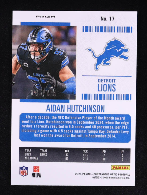 Aidan Hutchinson 2024 Panini Contenders Optic Season Ticket Red #17 #045/199 at PristineAuction.com Aidan Hutchinson 2024 Panini Contenders Optic Season Ticket Red #17 #045/199 at PristineAuction.com