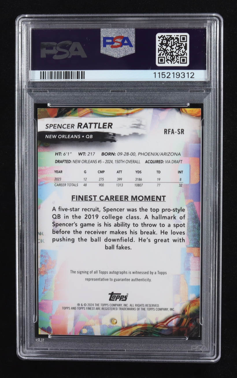 Spencer Rattler 2024 Finest Rookie Autographs Black Geometric Refractors #RFASR #01/25 RC (PSA 9 | Auto 10) at PristineAuction.com Spencer Rattler 2024 Finest Rookie Autographs Black Geometric Refractors #RFASR #01/25 RC (PSA 9 | Auto 10) at PristineAuction.com