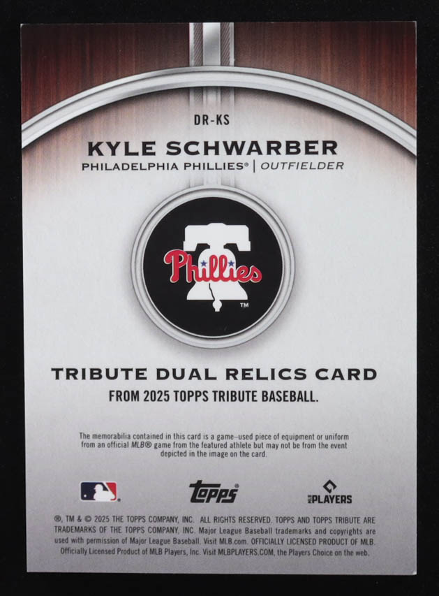 Kyle Schwarber 2025 Topps Tribute Dual Relics #DRKS #014/199 at PristineAuction.com Kyle Schwarber 2025 Topps Tribute Dual Relics #DRKS #014/199 at PristineAuction.com