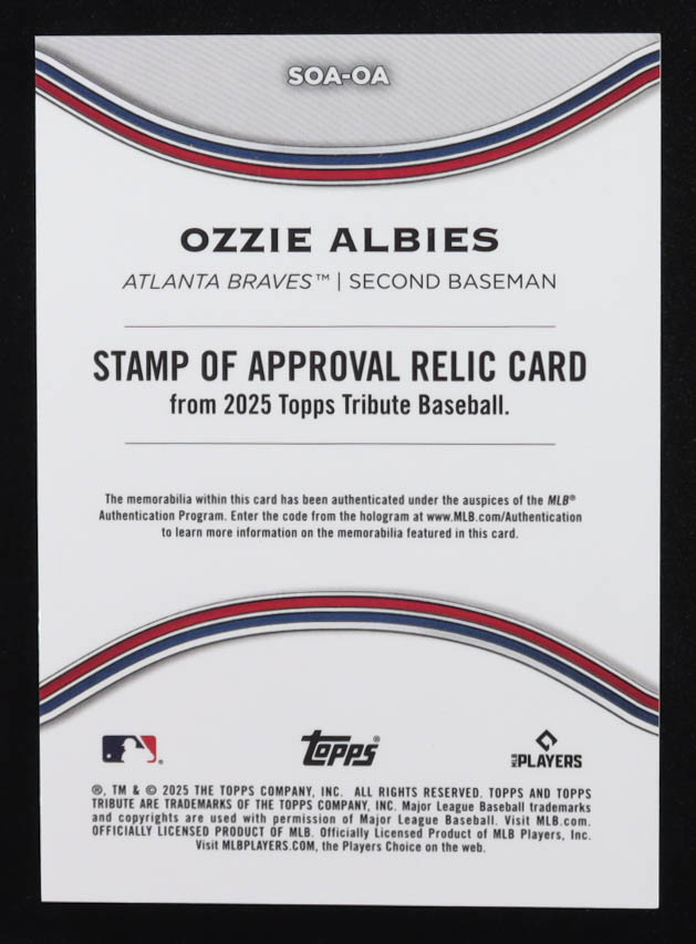 Ozzie Albies 2025 Topps Tribute Stamp of Approval Relics #SOAOA #117/198 at PristineAuction.com Ozzie Albies 2025 Topps Tribute Stamp of Approval Relics #SOAOA #117/198 at PristineAuction.com