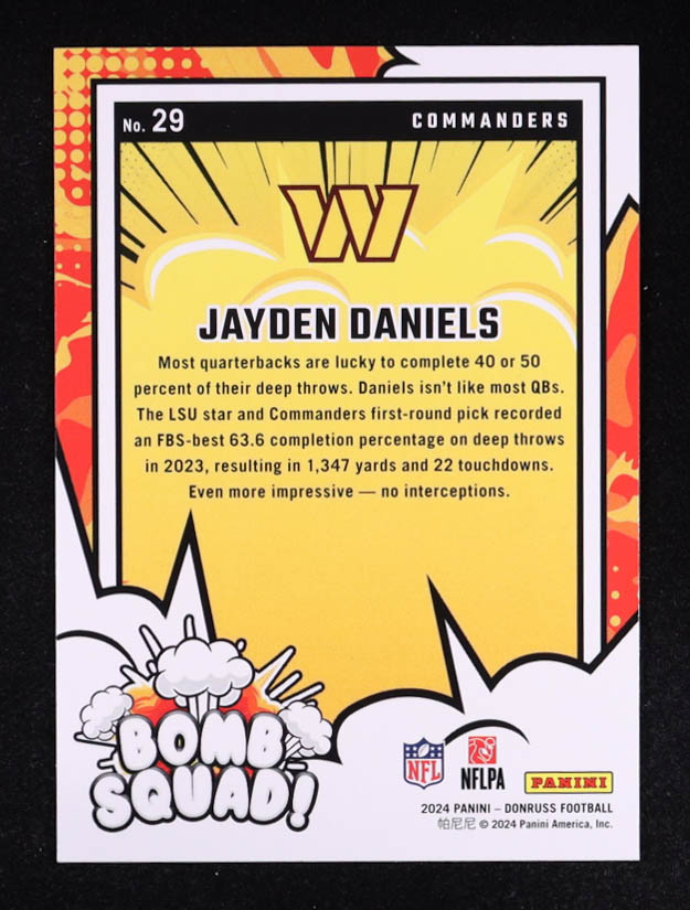 Jayden Daniels 2024 Panini Donruss Optic Bomb Squad #29 RC at PristineAuction.com Jayden Daniels 2024 Panini Donruss Optic Bomb Squad #29 RC at PristineAuction.com