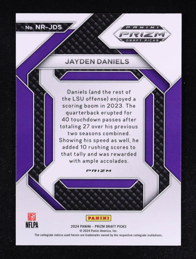 Jayden Daniels 2024 Panini Donruss Optic Prizm New Recruits Ice Purple Red Draft Picks #NR-JDS RC at PristineAuction.com Jayden Daniels 2024 Panini Donruss Optic Prizm New Recruits Ice Purple Red Draft Picks #NR-JDS RC at PristineAuction.com