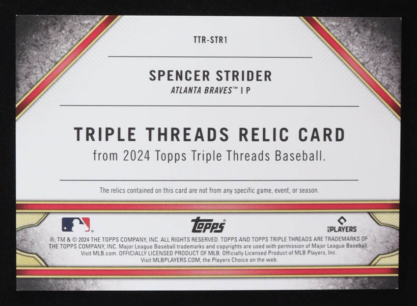 Spencer Strider 2024 Topps Triple Threads Relics #TTRSTR1 #13/36 at PristineAuction.com Spencer Strider 2024 Topps Triple Threads Relics #TTRSTR1 #13/36 at PristineAuction.com