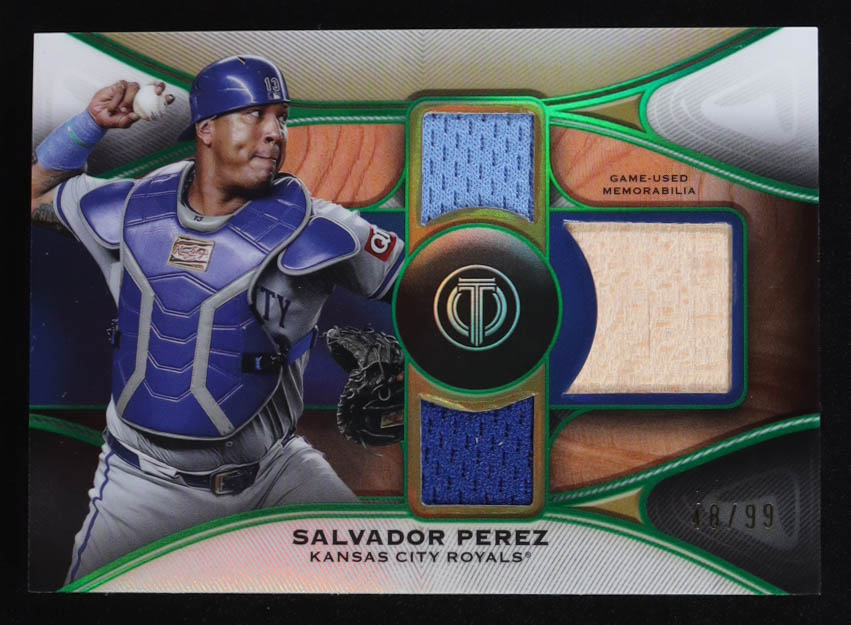 Salvador Perez 2025 Topps Tribute Triple Relics Green #TTRSP #48/99 at PristineAuction.com Salvador Perez 2025 Topps Tribute Triple Relics Green #TTRSP #48/99 at PristineAuction.com