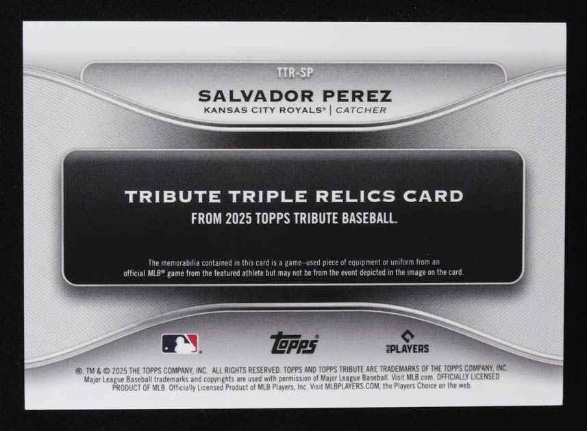 Salvador Perez 2025 Topps Tribute Triple Relics Green #TTRSP #48/99 at PristineAuction.com Salvador Perez 2025 Topps Tribute Triple Relics Green #TTRSP #48/99 at PristineAuction.com