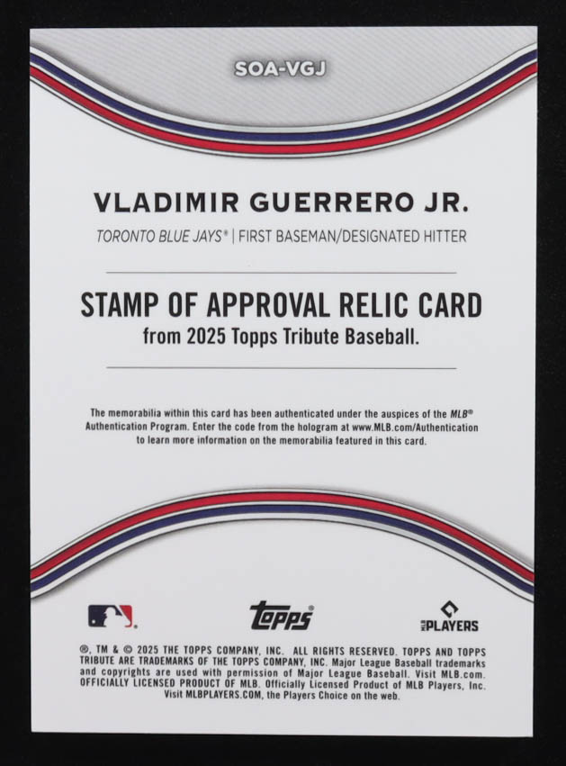 Vladimir Guerrero Jr. 2025 Topps Tribute Stamp of Approval Relics Green #SOAVGJ #48/99 at PristineAuction.com Vladimir Guerrero Jr. 2025 Topps Tribute Stamp of Approval Relics Green #SOAVGJ #48/99 at PristineAuction.com