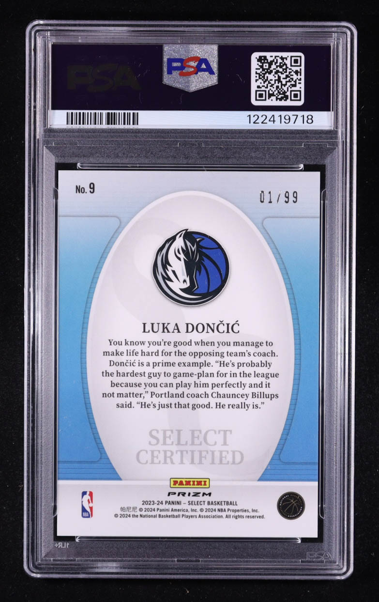 Luka Doncic 2023-24 Select Select Certified Pink Cracked Ice Prizms #9 #01/99 (PSA 10) at PristineAuction.com Luka Doncic 2023-24 Select Select Certified Pink Cracked Ice Prizms #9 #01/99 (PSA 10) at PristineAuction.com