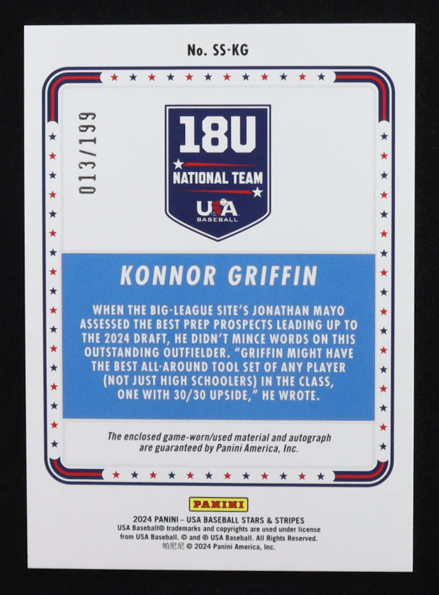 Konnor Griffin 2024 USA Baseball Stars and Stripes 18U National Team Signatures Materials #20 #013/199 RC at PristineAuction.com Konnor Griffin 2024 USA Baseball Stars and Stripes 18U National Team Signatures Materials #20 #013/199 RC at PristineAuction.com
