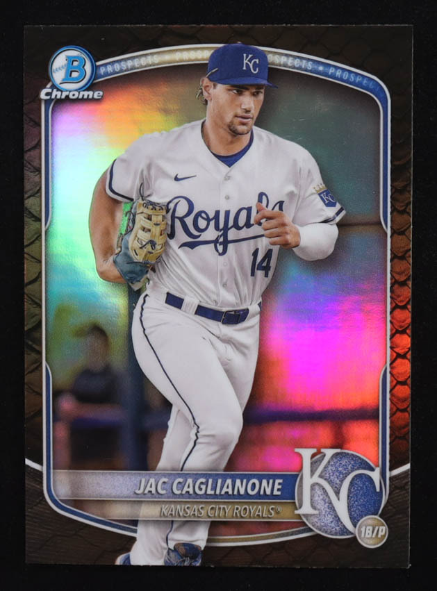 Jac Caglianone 2025 Bowman Chrome Prospects Reptilian Refractors #BCP103 RC at PristineAuction.com Jac Caglianone 2025 Bowman Chrome Prospects Reptilian Refractors #BCP103 RC at PristineAuction.com