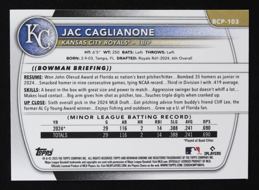 Jac Caglianone 2025 Bowman Chrome Prospects Reptilian Refractors #BCP103 RC at PristineAuction.com Jac Caglianone 2025 Bowman Chrome Prospects Reptilian Refractors #BCP103 RC at PristineAuction.com