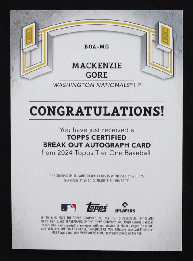 Mackenzie Gore 2024 Topps Tier One Break Out Autographs #BOAMG #087/199 at PristineAuction.com Mackenzie Gore 2024 Topps Tier One Break Out Autographs #BOAMG #087/199 at PristineAuction.com