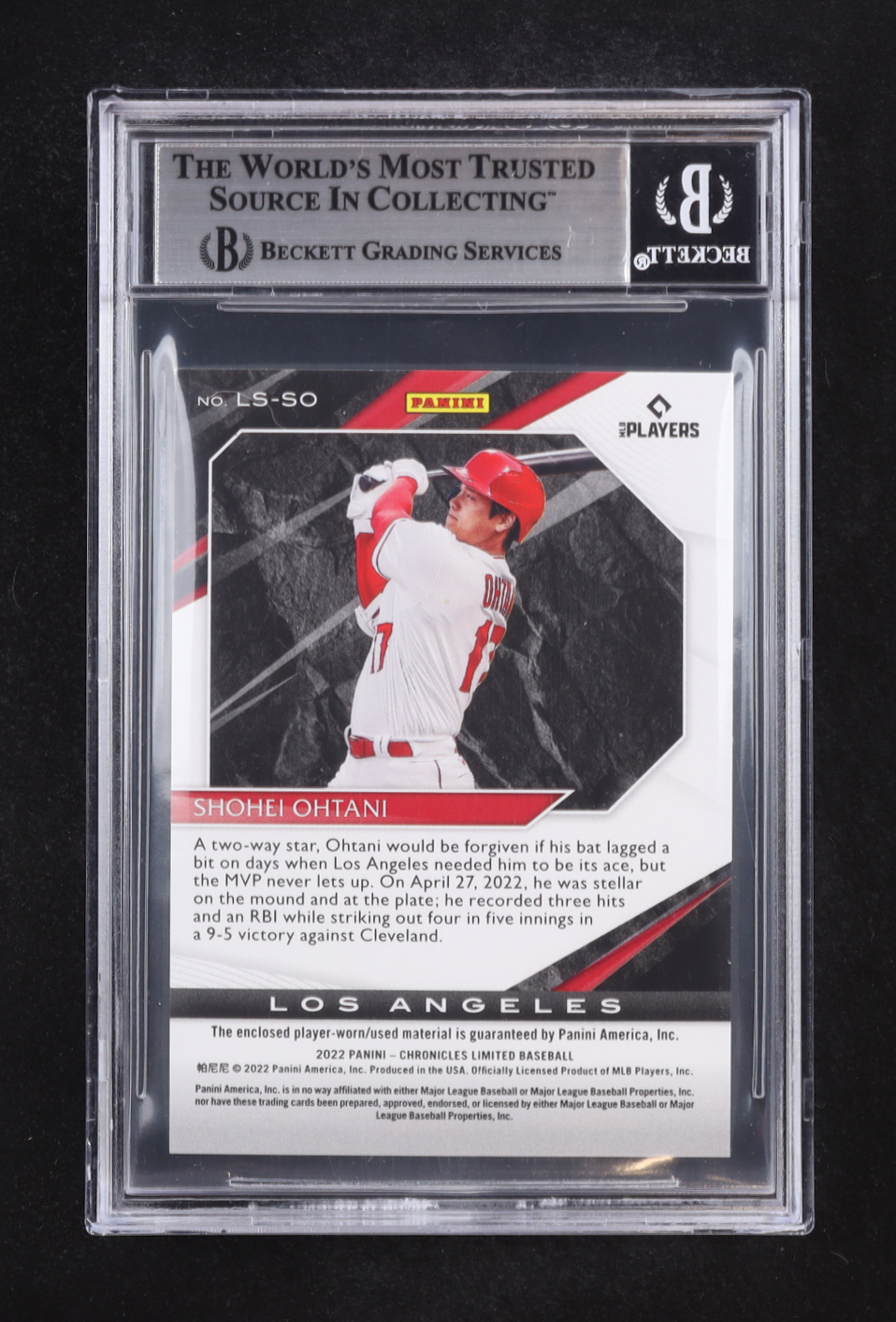 Shohei Ohtani 2022 Panini Chronicles Limited Swatches Red #49 (BGS 8.5) at PristineAuction.com Shohei Ohtani 2022 Panini Chronicles Limited Swatches Red #49 (BGS 8.5) at PristineAuction.com