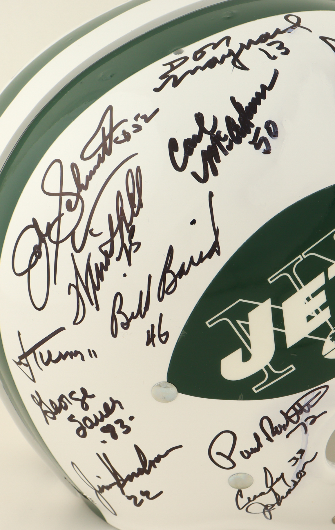 1969 Jets Full Size Helmet Signed By (27) With Joe Namath, Bake Turner, Bill Baird (Steiner) at PristineAuction.com 1969 Jets Full Size Helmet Signed By (27) With Joe Namath, Bake Turner, Bill Baird (Steiner) at PristineAuction.com