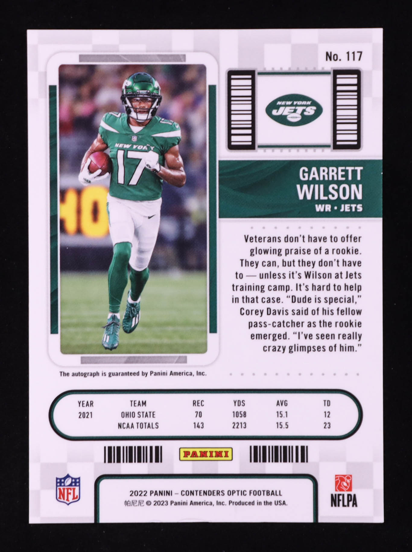Garrett Wilson 2022 Panini Contenders Optic Autographs #117 RC at PristineAuction.com Garrett Wilson 2022 Panini Contenders Optic Autographs #117 RC at PristineAuction.com