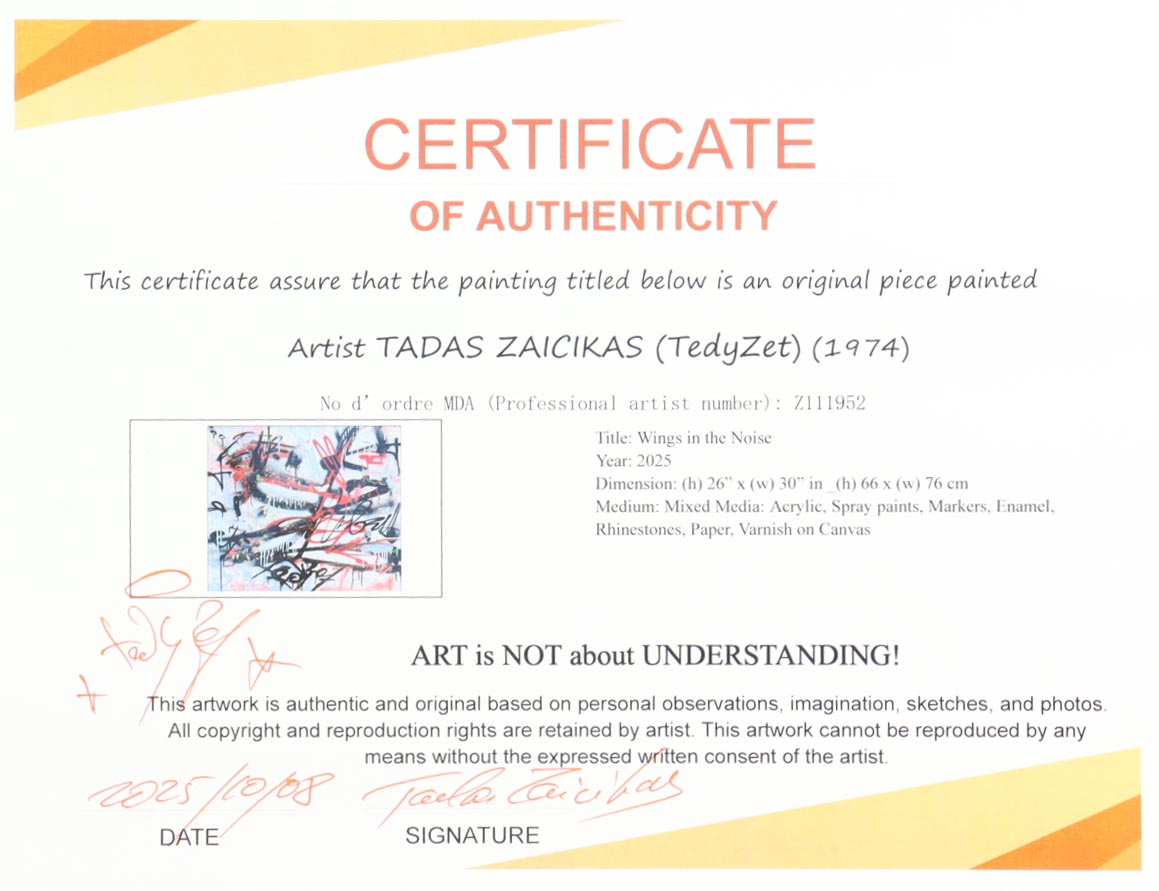 "Wings in the Noise" 2025 26x30 Original Painting on Canvas by Tadas Zaicikas | TedyZet (Zaicikas) at PristineAuction.com "Wings in the Noise" 2025 26x30 Original Painting on Canvas by Tadas Zaicikas | TedyZet (Zaicikas) at PristineAuction.com