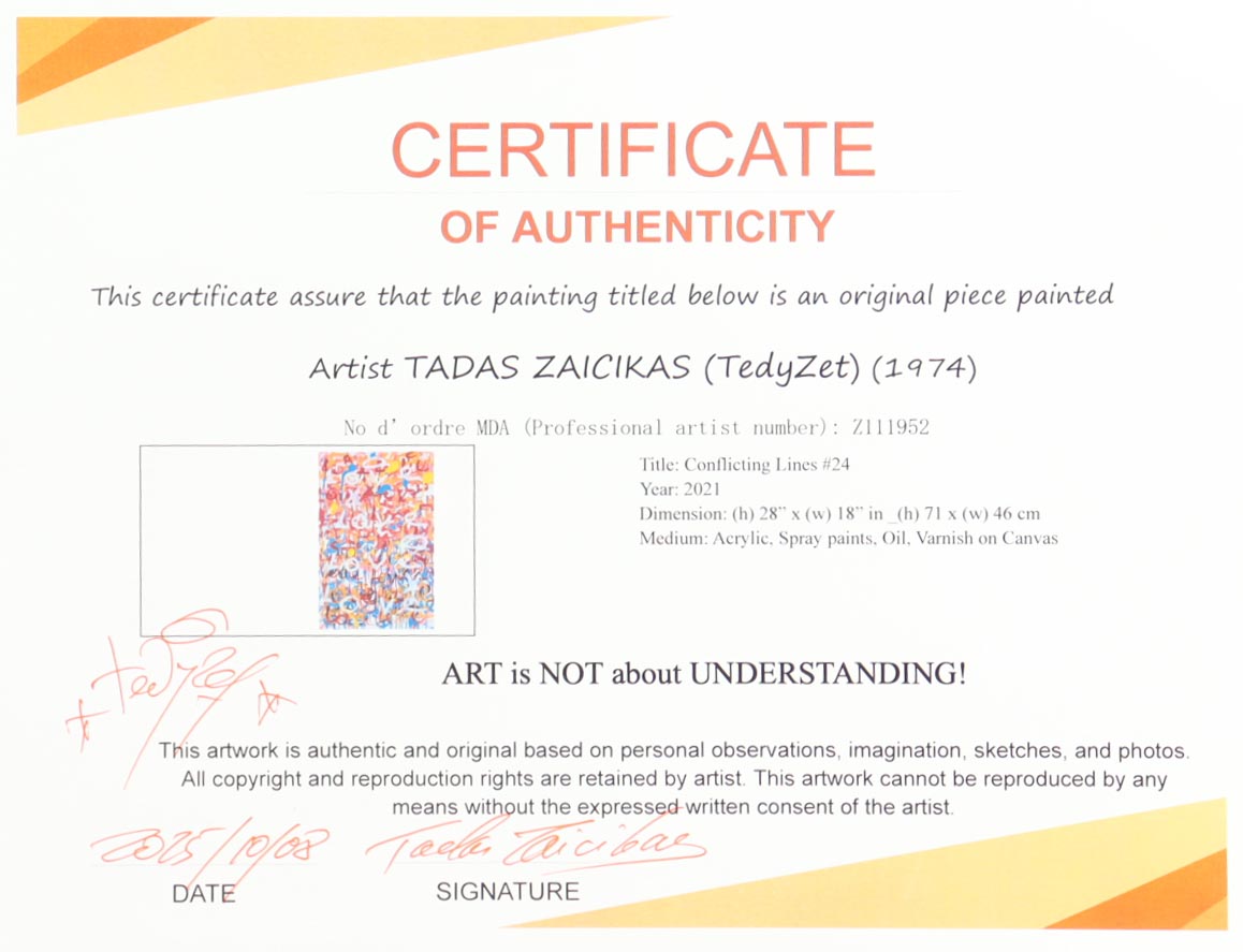 "Conflicting Lines #24" 2021 18x28 Original Painting on Canvas by Tadas Zaicikas | TedyZet (Zaicikas) at PristineAuction.com "Conflicting Lines #24" 2021 18x28 Original Painting on Canvas by Tadas Zaicikas | TedyZet (Zaicikas) at PristineAuction.com