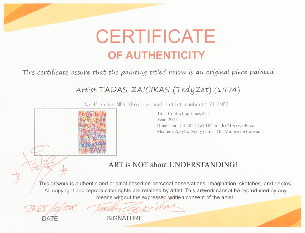 "Conflicting Lines #23" 2021 18x28 Original Painting on Canvas by Tadas Zaicikas | TedyZet (Zaicikas) at PristineAuction.com "Conflicting Lines #23" 2021 18x28 Original Painting on Canvas by Tadas Zaicikas | TedyZet (Zaicikas) at PristineAuction.com