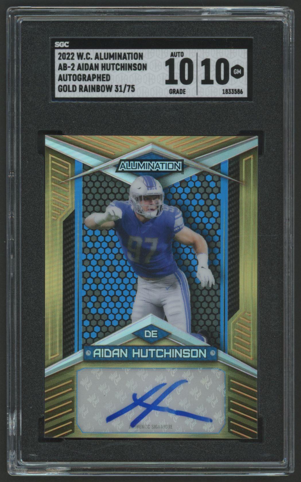 Aidan Hutchinson 2022 Wild Card Alumination Autographed Gold Rainbow #AB2 RC #31/75 (SGC 10 | Auto 10) at PristineAuction.com Aidan Hutchinson 2022 Wild Card Alumination Autographed Gold Rainbow #AB2 RC #31/75 (SGC 10 | Auto 10) at PristineAuction.com