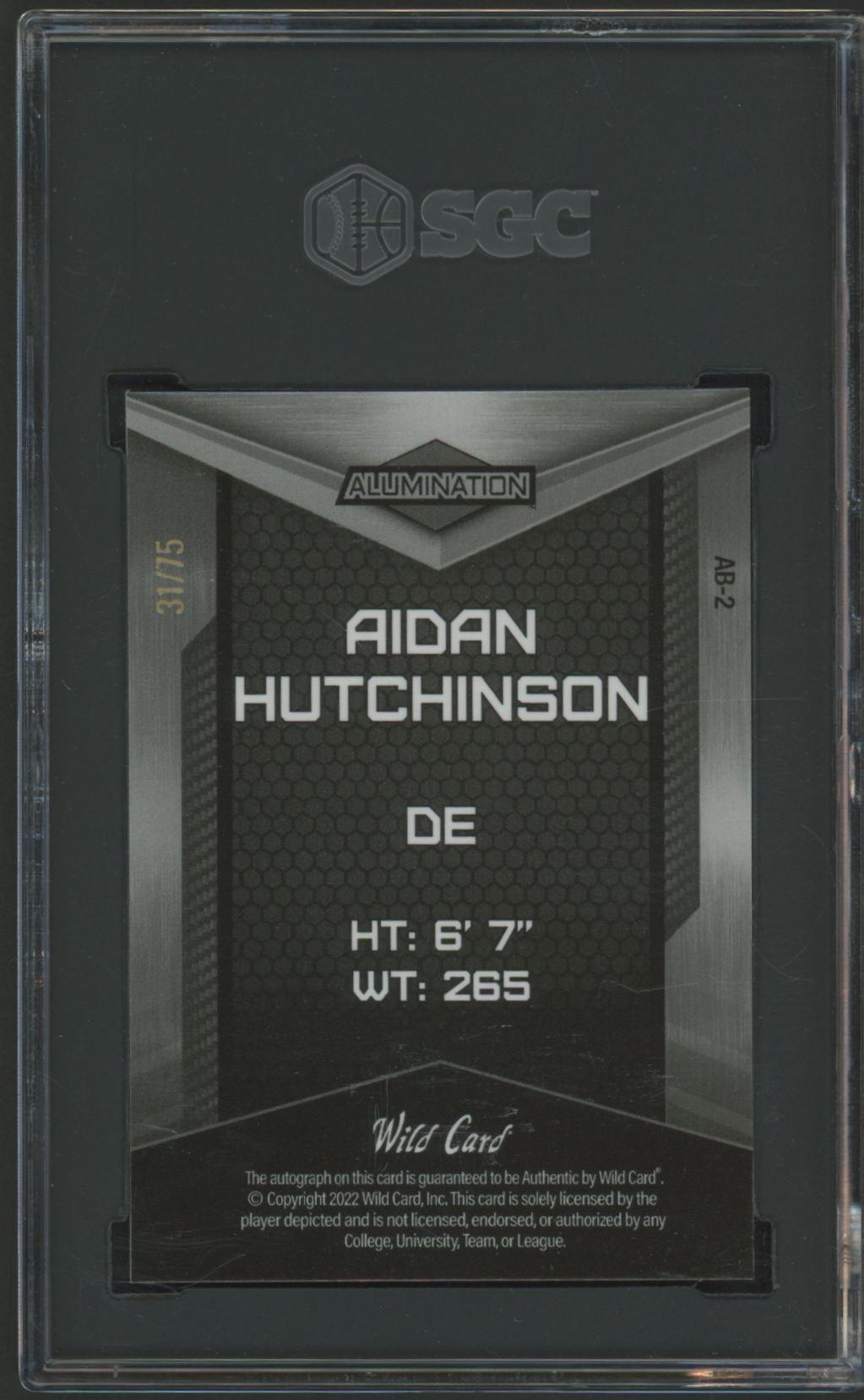 Aidan Hutchinson 2022 Wild Card Alumination Autographed Gold Rainbow #AB2 RC #31/75 (SGC 10 | Auto 10) at PristineAuction.com Aidan Hutchinson 2022 Wild Card Alumination Autographed Gold Rainbow #AB2 RC #31/75 (SGC 10 | Auto 10) at PristineAuction.com