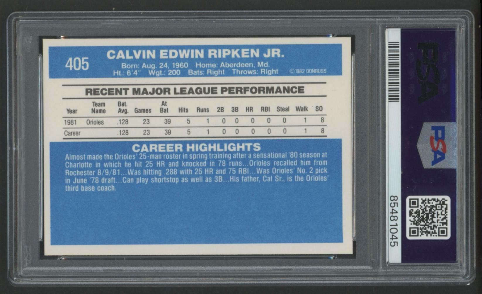 Cal Ripken Jr. 1982 Donruss #405 RC (PSA 8) at PristineAuction.com Cal Ripken Jr. 1982 Donruss #405 RC (PSA 8) at PristineAuction.com