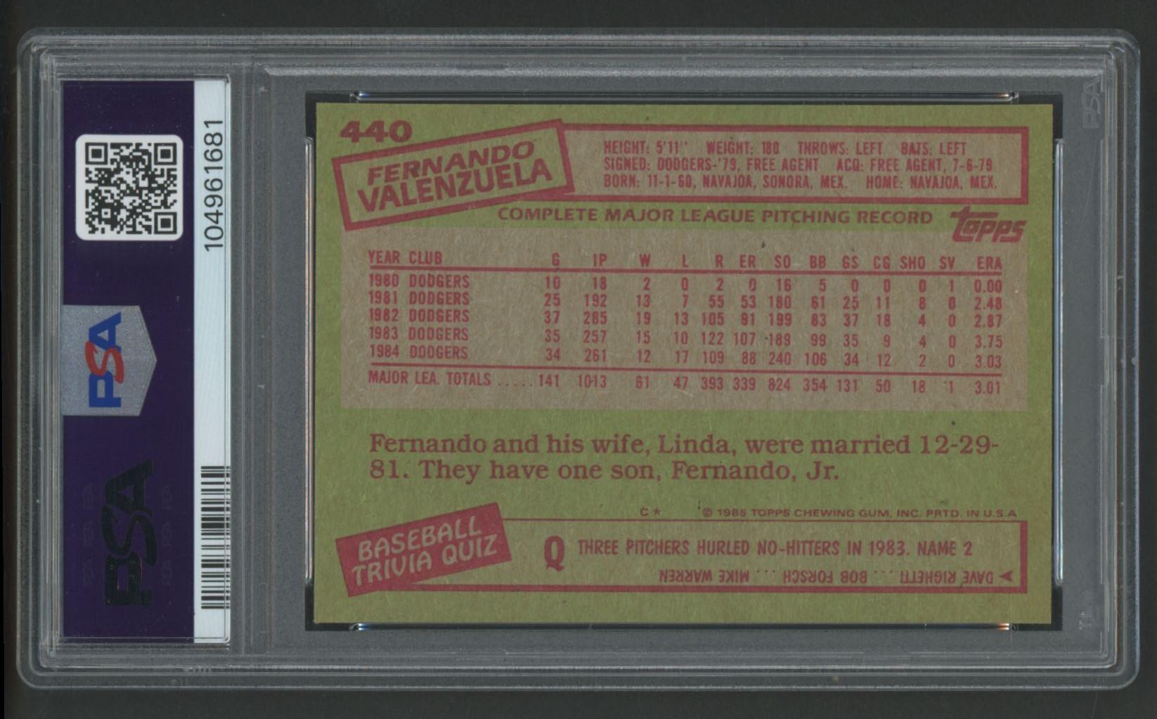 Fernando Valenzuela 1985 Topps #440 (PSA 10) at PristineAuction.com Fernando Valenzuela 1985 Topps #440 (PSA 10) at PristineAuction.com