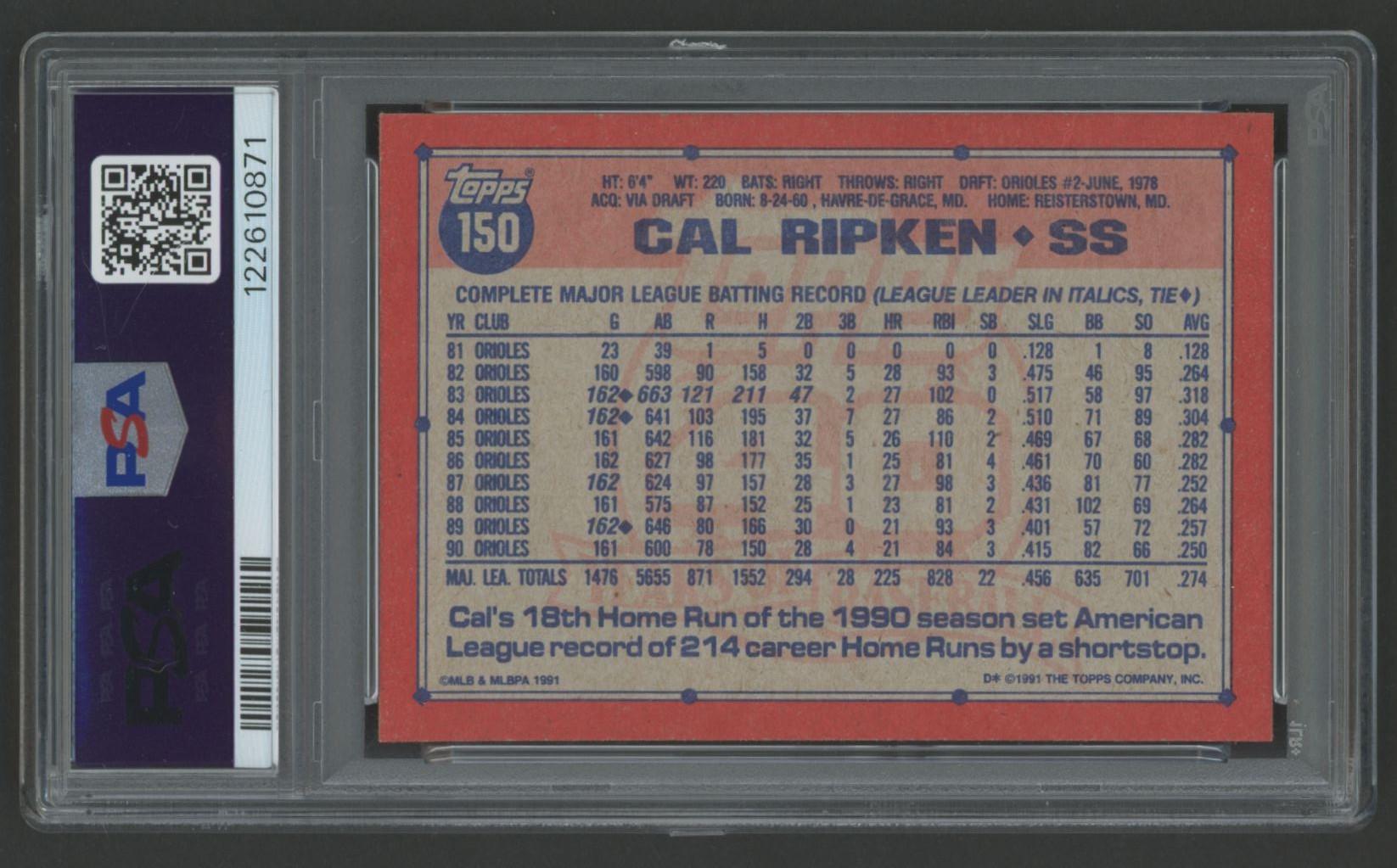 Cal Ripken Jr. 1991 Topps #150 (PSA 10) at PristineAuction.com Cal Ripken Jr. 1991 Topps #150 (PSA 10) at PristineAuction.com