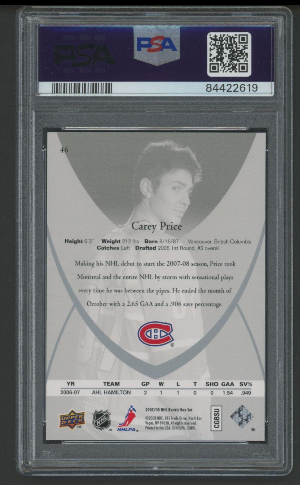 Carey Price 2007 Upper Deck Rookie Class #46 (PSA 10) at PristineAuction.com Carey Price 2007 Upper Deck Rookie Class #46 (PSA 10) at PristineAuction.com