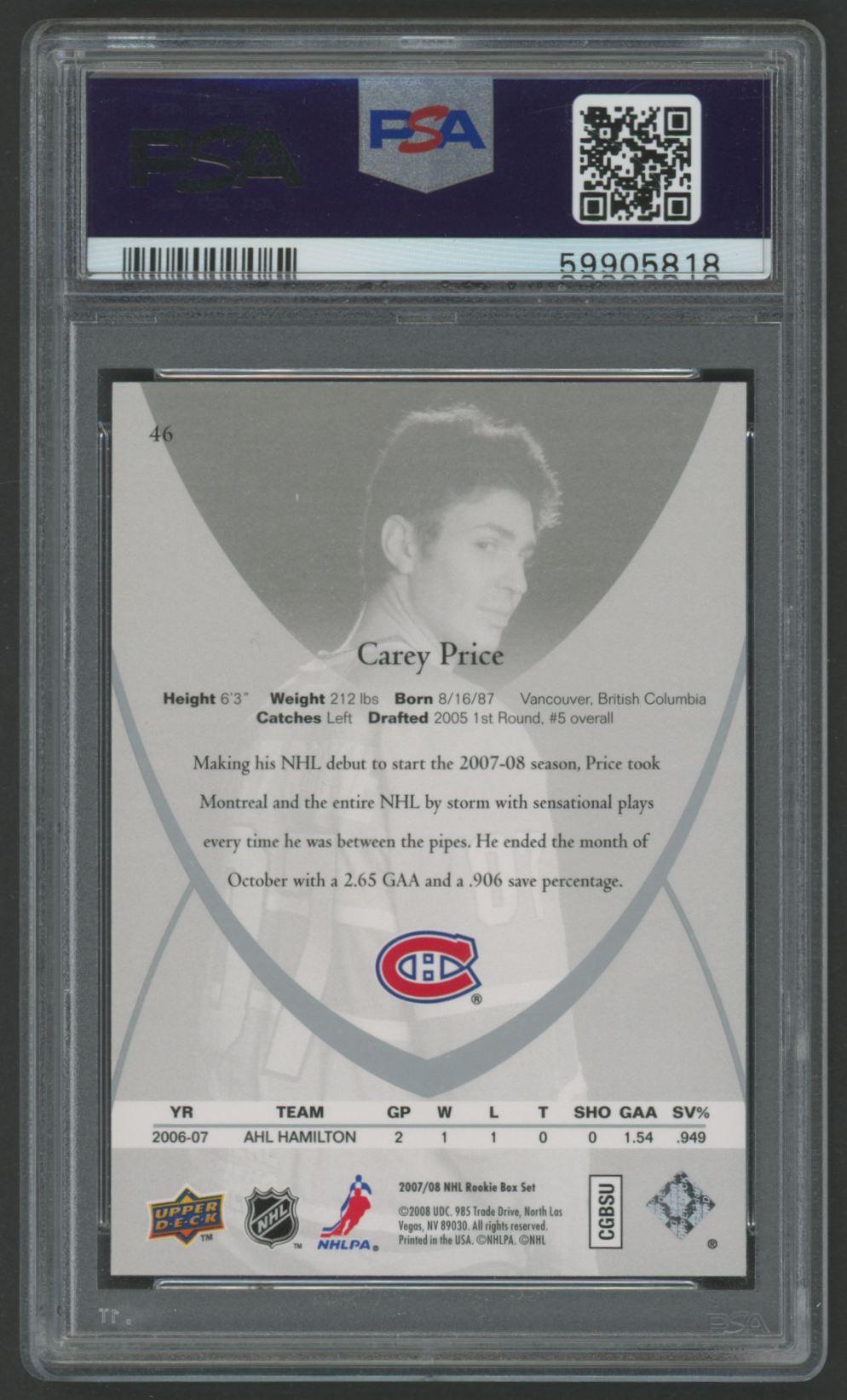 Carey Price 2007 Upper Deck Rookie Class #46 (PSA 10) at PristineAuction.com Carey Price 2007 Upper Deck Rookie Class #46 (PSA 10) at PristineAuction.com