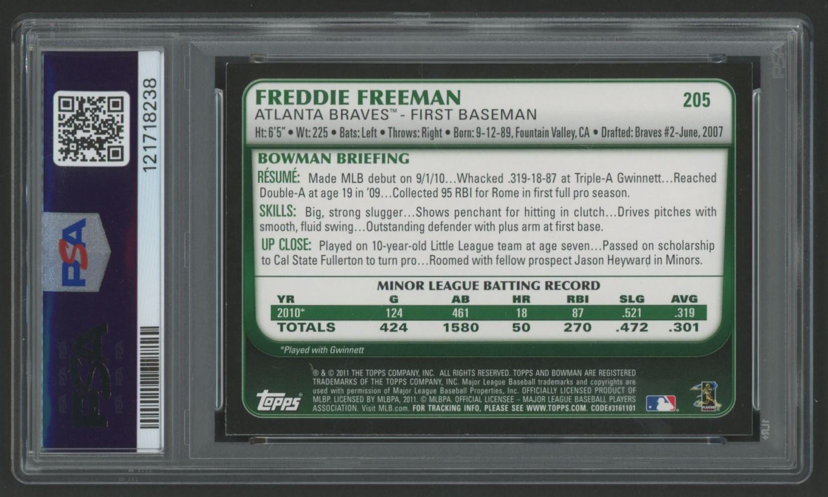 Freddie Freeman 2011 Bowman #205 RC (PSA 9) at PristineAuction.com Freddie Freeman 2011 Bowman #205 RC (PSA 9) at PristineAuction.com