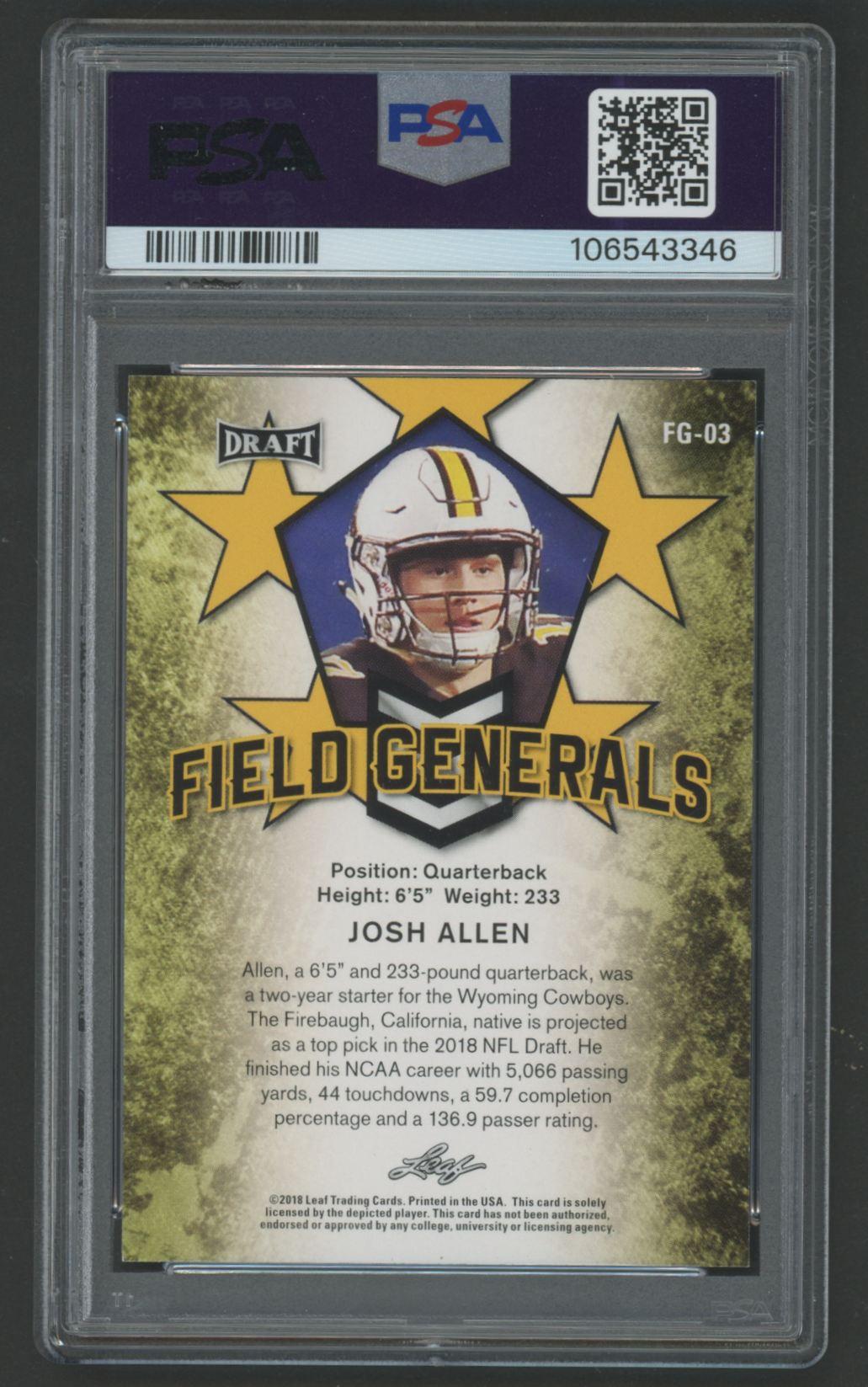 Josh Allen 2018 Leaf Draft Field Generals #FG03 RC (PSA 9) at PristineAuction.com Josh Allen 2018 Leaf Draft Field Generals #FG03 RC (PSA 9) at PristineAuction.com
