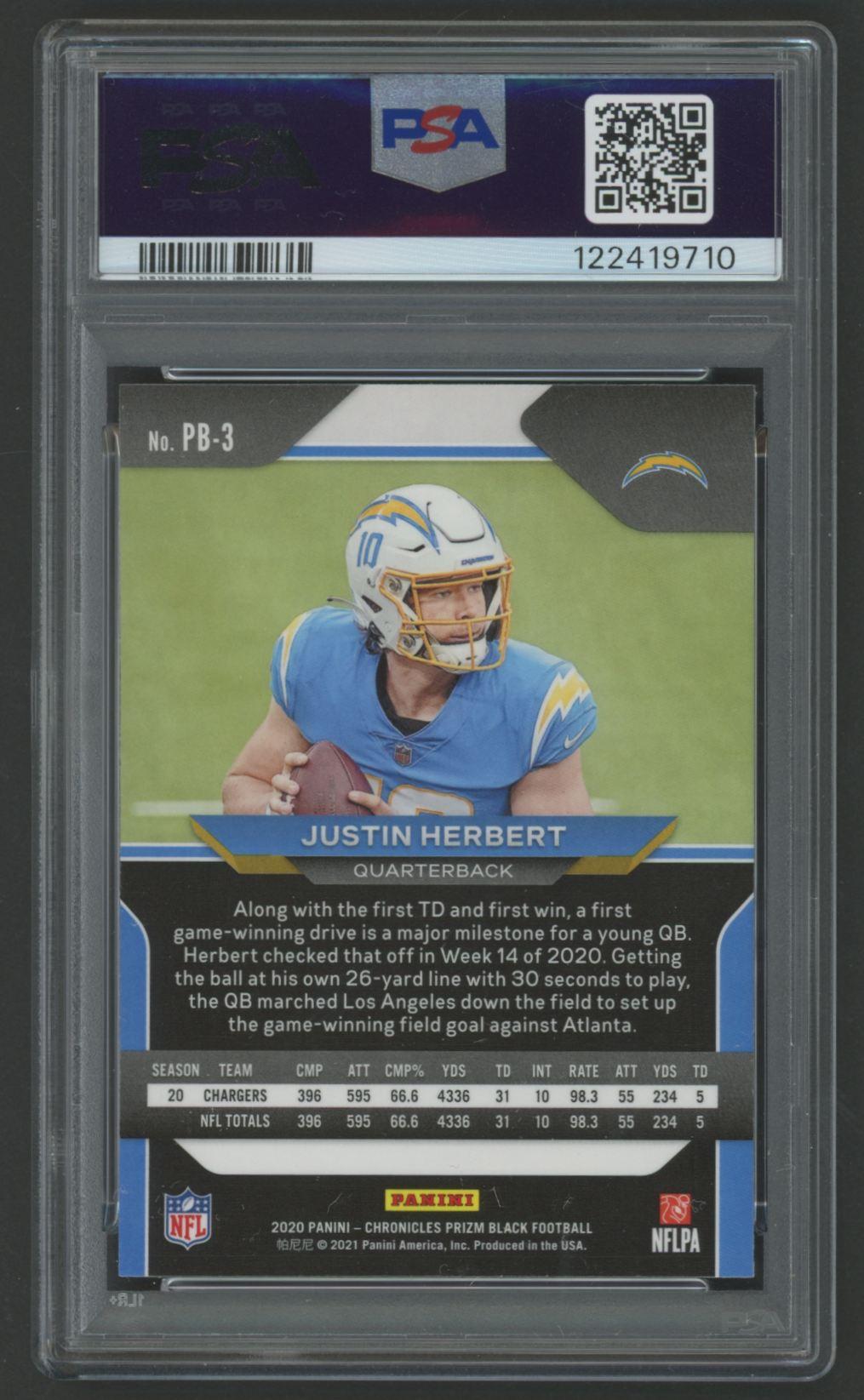 Justin Herbert 2020 Panini Chronicles Prizm Black #PB3 RC (PSA 10) at PristineAuction.com Justin Herbert 2020 Panini Chronicles Prizm Black #PB3 RC (PSA 10) at PristineAuction.com