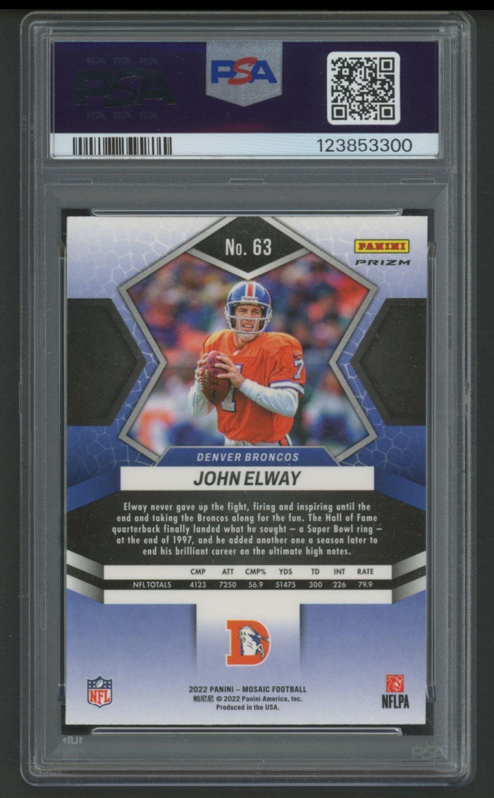 John Elway 2022 Mosaic Mosaic Green #63 (PSA 10) at PristineAuction.com John Elway 2022 Mosaic Mosaic Green #63 (PSA 10) at PristineAuction.com
