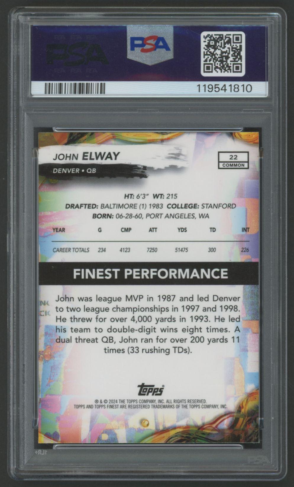 John Elway 2024 Finest Blue Refractor #22 #60/200 (PSA 10) at PristineAuction.com John Elway 2024 Finest Blue Refractor #22 #60/200 (PSA 10) at PristineAuction.com