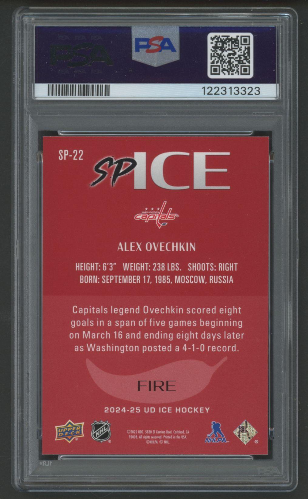 Alexander Ovechkin 2024 Upper Deck SP Ice-Fire #SP22 (PSA 10) at PristineAuction.com Alexander Ovechkin 2024 Upper Deck SP Ice-Fire #SP22 (PSA 10) at PristineAuction.com