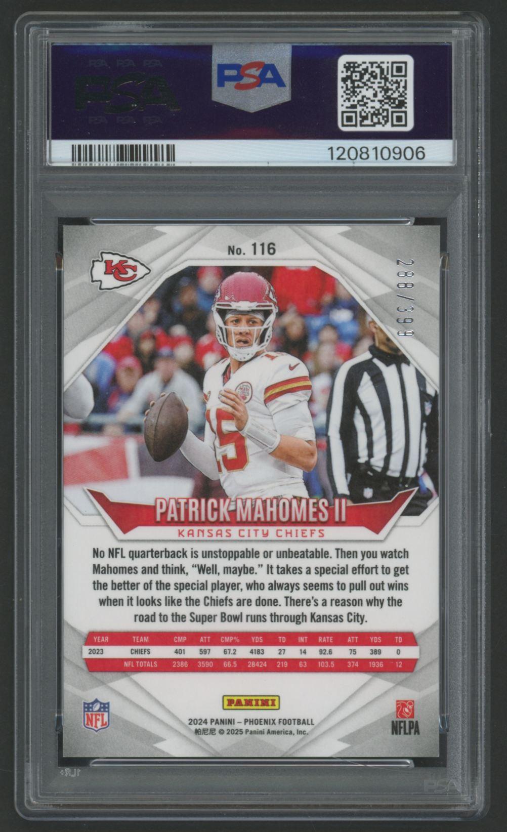 Patrick Mahomes II 2024 Panini Phoenix Phoenix #116 #288/399 (PSA 10) at PristineAuction.com Patrick Mahomes II 2024 Panini Phoenix Phoenix #116 #288/399 (PSA 10) at PristineAuction.com