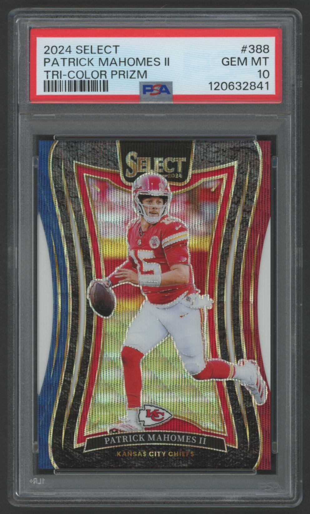 Patrick Mahomes II 2024 Select Tri-Color Prizm #388 #98/149 (PSA 10) at PristineAuction.com Patrick Mahomes II 2024 Select Tri-Color Prizm #388 #98/149 (PSA 10) at PristineAuction.com