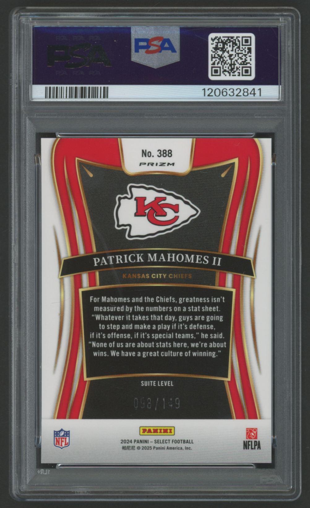 Patrick Mahomes II 2024 Select Tri-Color Prizm #388 #98/149 (PSA 10) at PristineAuction.com Patrick Mahomes II 2024 Select Tri-Color Prizm #388 #98/149 (PSA 10) at PristineAuction.com